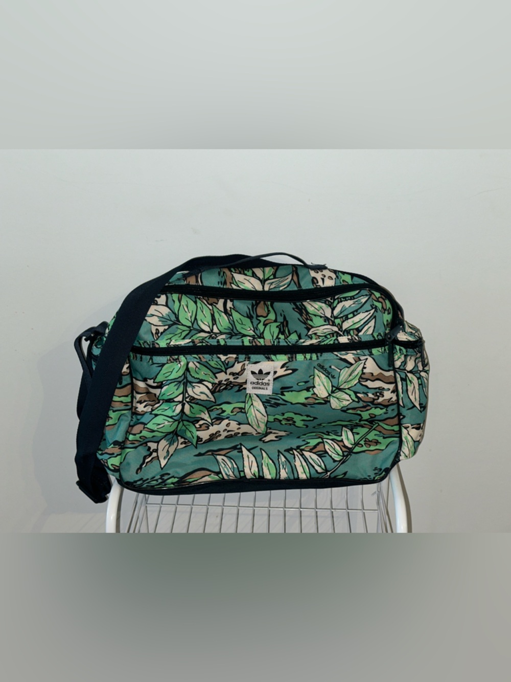adidas Teal and Green Leaf-Print Duffel Bag